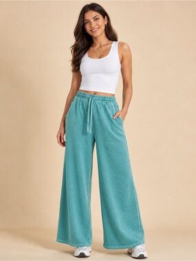NEW Zenana Teal Acid Wash Wide Leg Sweatpants Size Large Cotton Relaxed Lounge